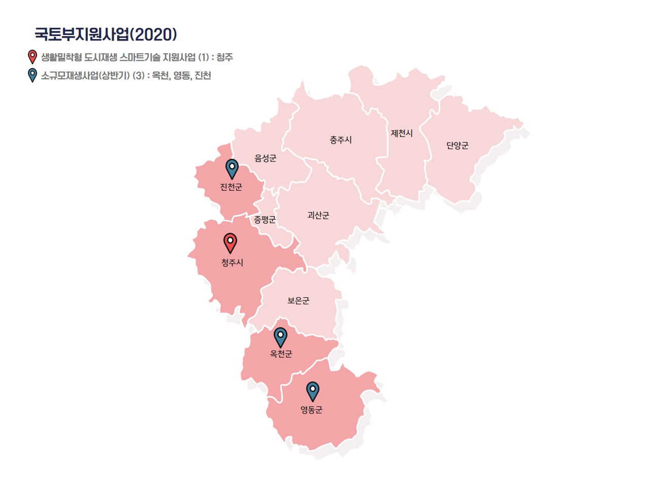 충청북도내의 제천시, 충주시, 음성군, 청주시, 영동군